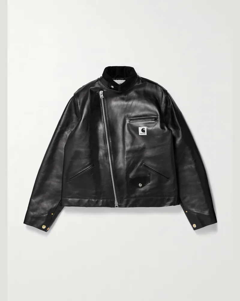 Sacai Carhartt WIP Lederjacke mit Baumwollcordbesatz Schwarz