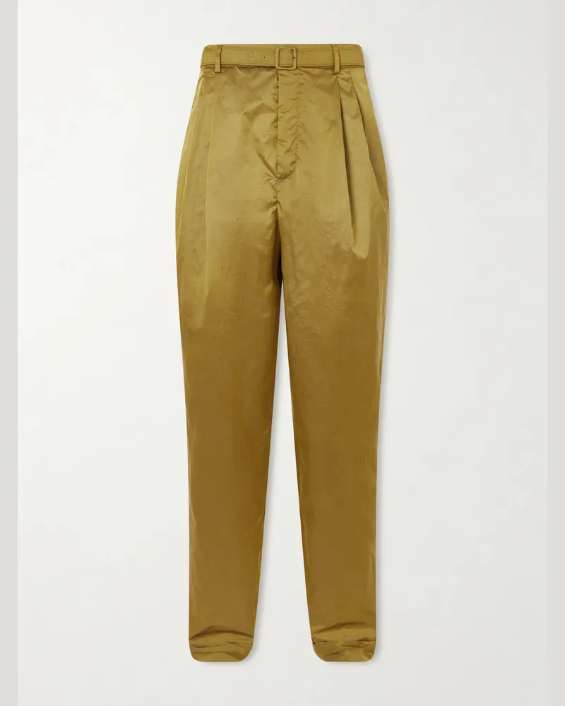 Saint Laurent Schmal zulaufende Hose aus Shell mit Falten und Gürtel Grün