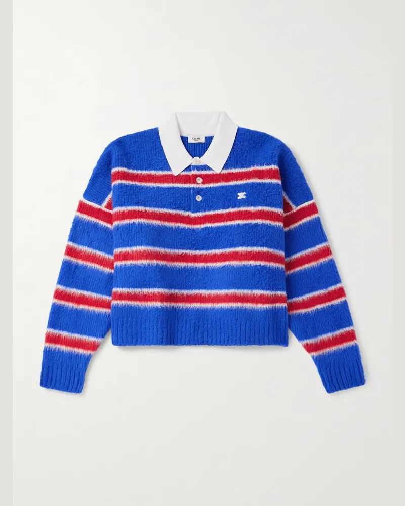 Celine Verkürzter Pullover aus einer gestreiften Baumwollwollmischung mit Polokragen und Logostickerei Blau
