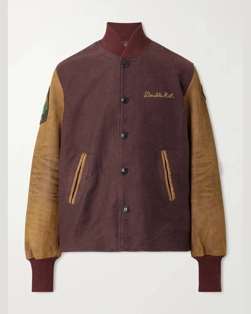 RRL Logo-Embroidered Cotton-Corduroy and Leather Bomber Jacket Burgundy