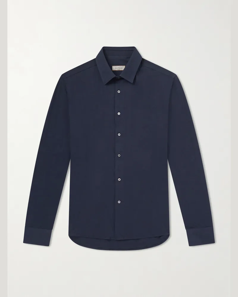 Canali Travel schmal geschnittenes Hemd aus Stretch-Baumwoll-Jersey mit Cutaway-Kragen Blau
