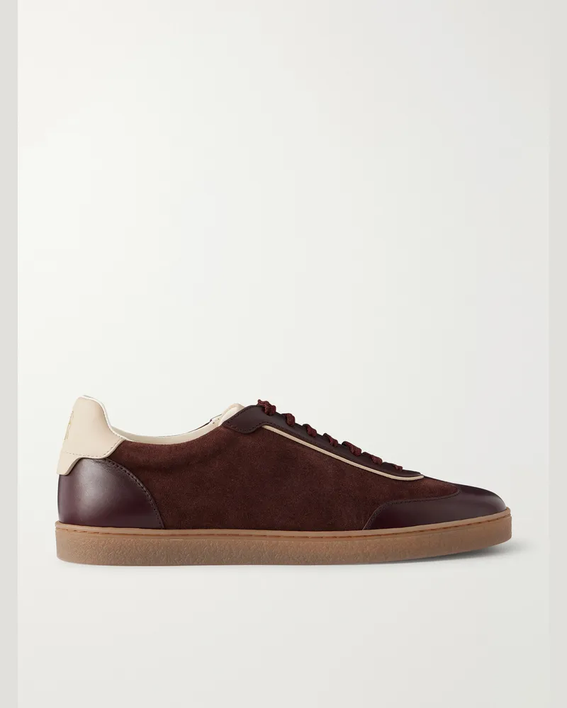 Brunello Cucinelli Coda di Rondine Leather-Trimmed Waxed-Suede Sneakers Burgundy
