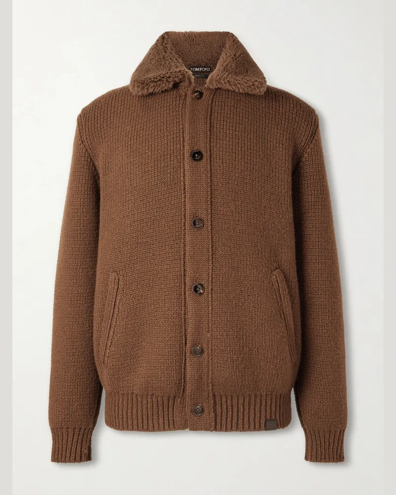 Tom Ford Bouclé-Trimmed Ribbed Cashmere Cardigan Brown