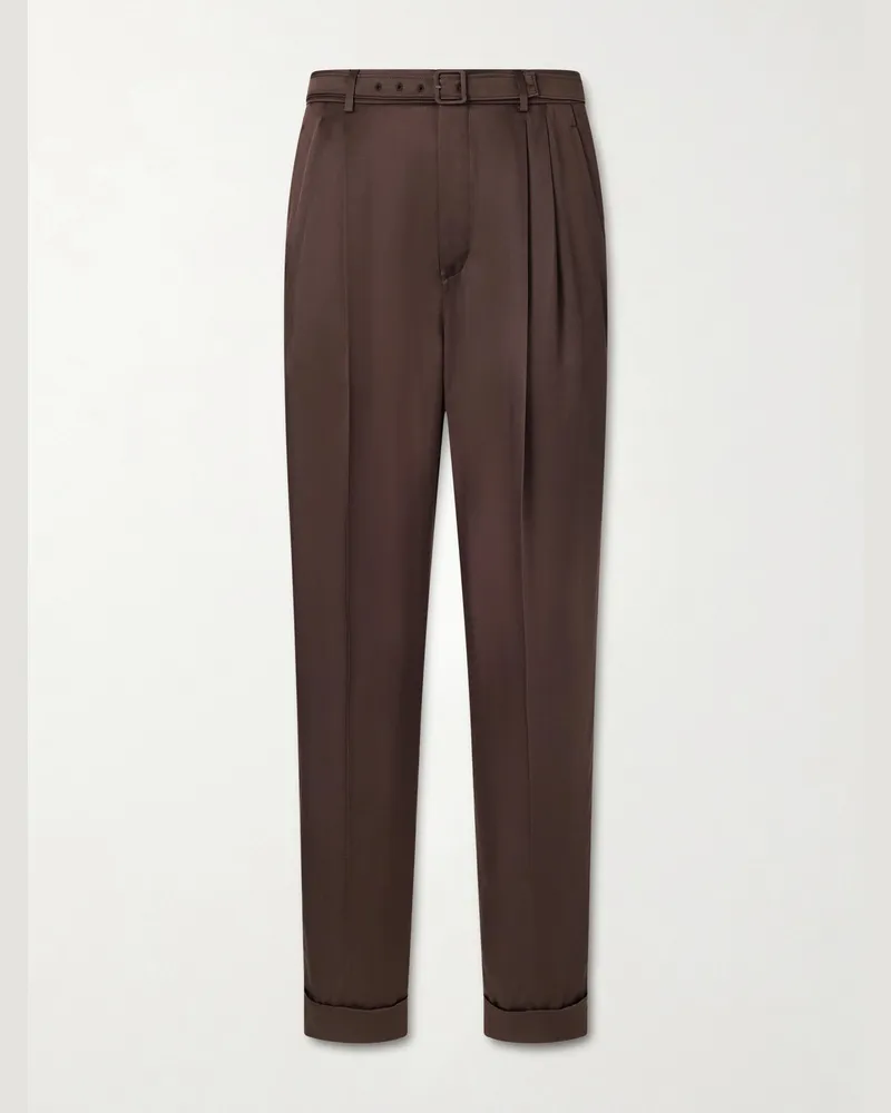 Saint Laurent Tapered Belted Silk-Satin Trousers Brown