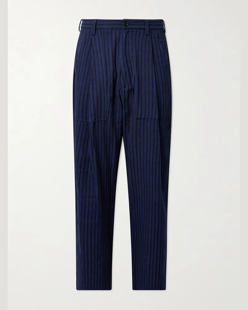 KARDO Yuki Wide-Leg Pleated Striped Cotton Suit Trousers Blue