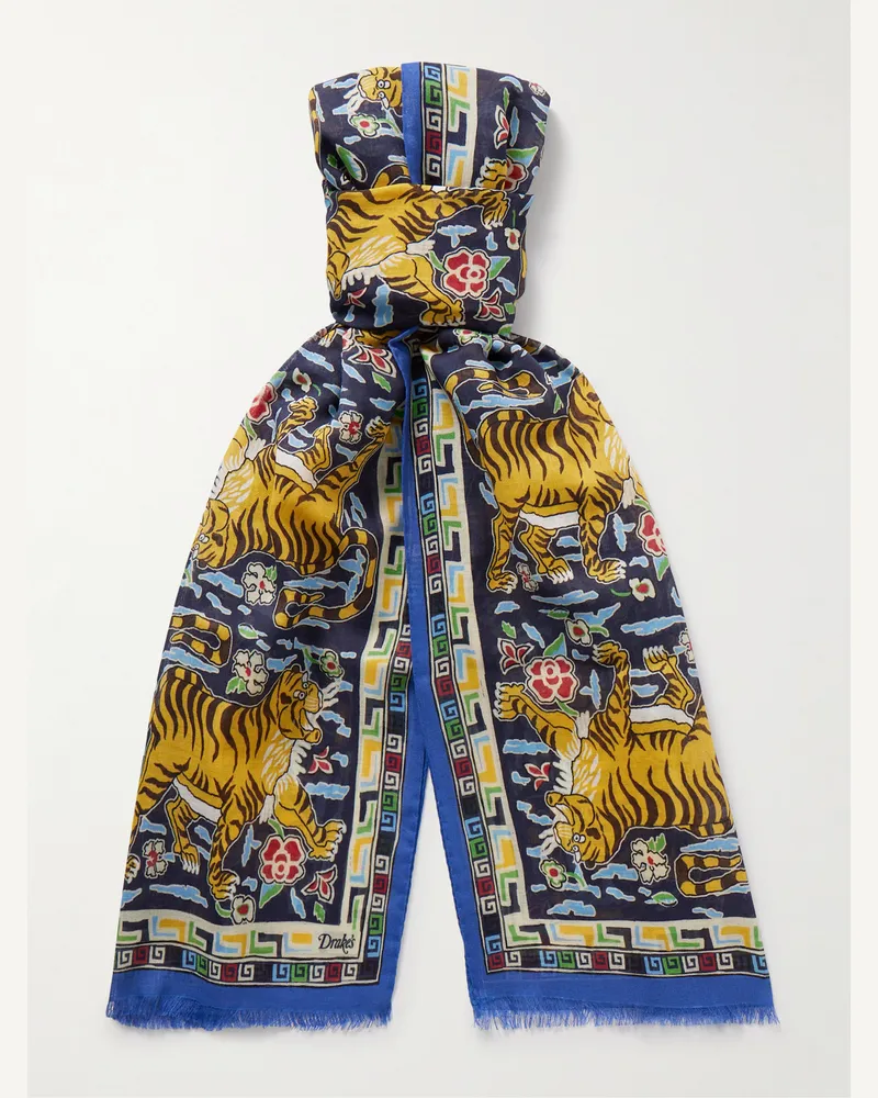 Drake's Tuch aus einer Woll-Seidenmischung mit Print und Fransen Blau