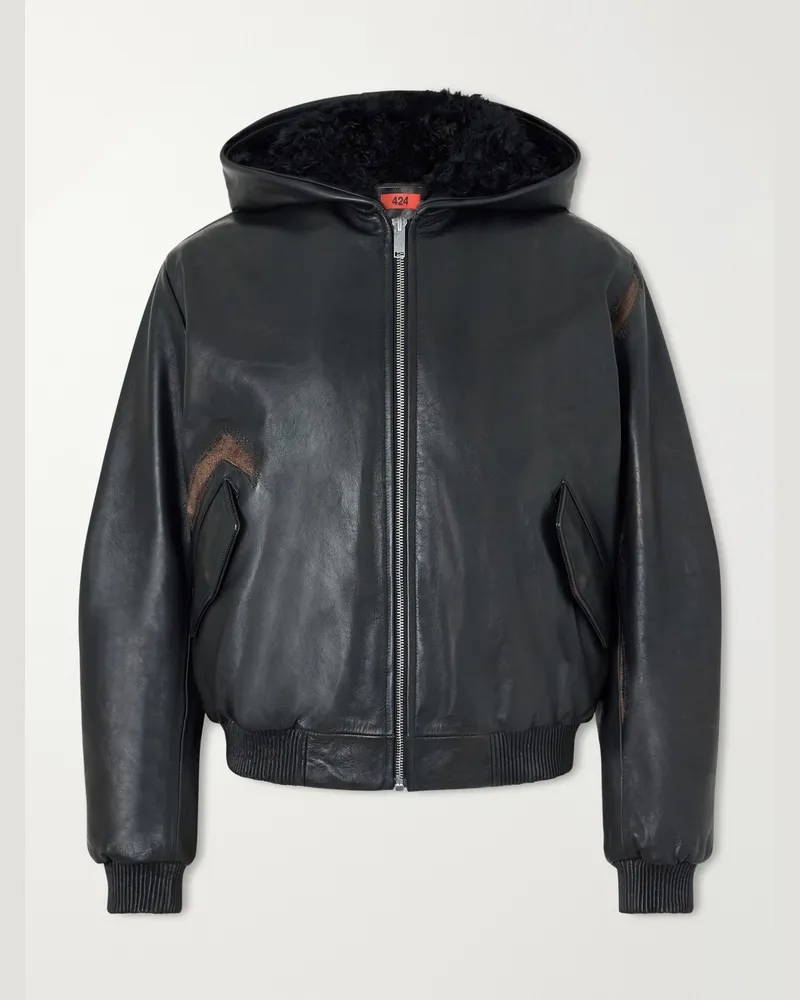FourTwoFour on Fairfax Padded Distressed Shearling-Trimmed Leather Jacket Black