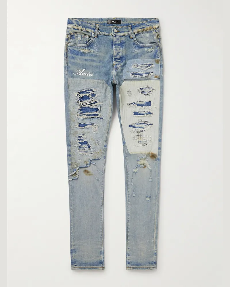 Amiri Skinny-Fit Logo-Embroidered Distressed Patchwork Jeans Blue