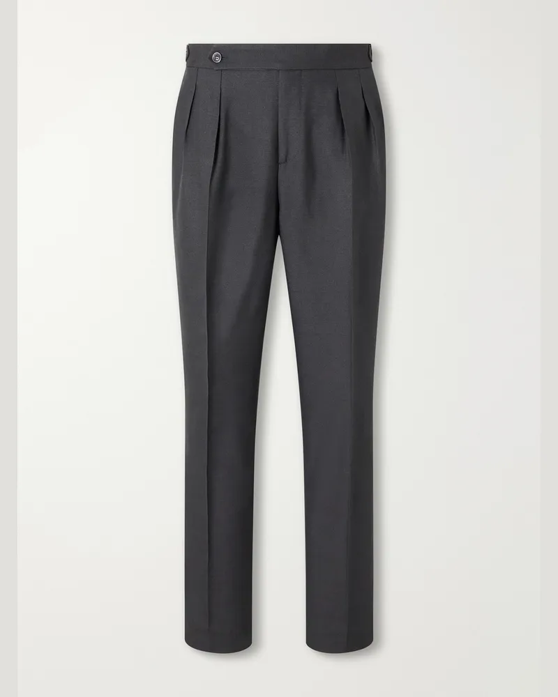 Brunello Cucinelli Straight-Leg Pleated Silk-Twill Tuxedo Trousers Gray