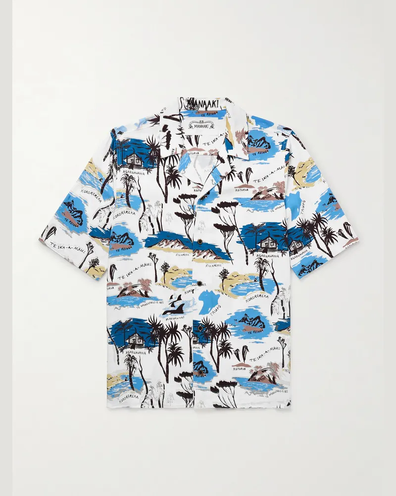 MANAAKI Te Ika A Maui Hemd aus bedrucktem Lyocell-Twill mit Reverskragen Blau