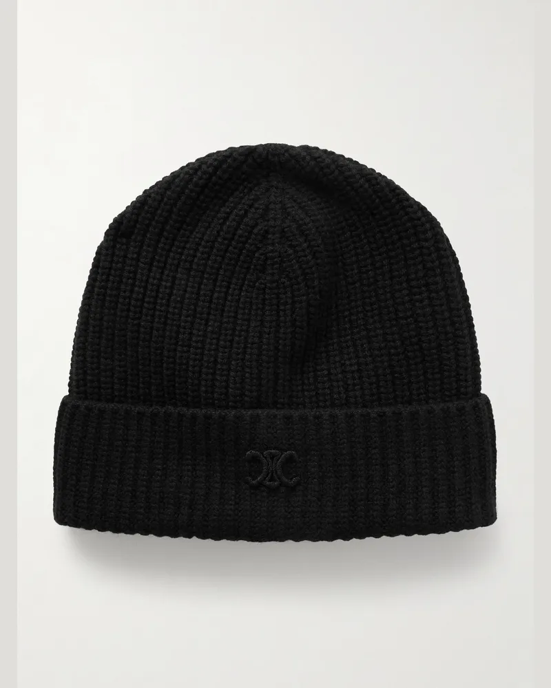 Celine Triomphe Beanie aus Kaschmir mit Logostickerei Schwarz