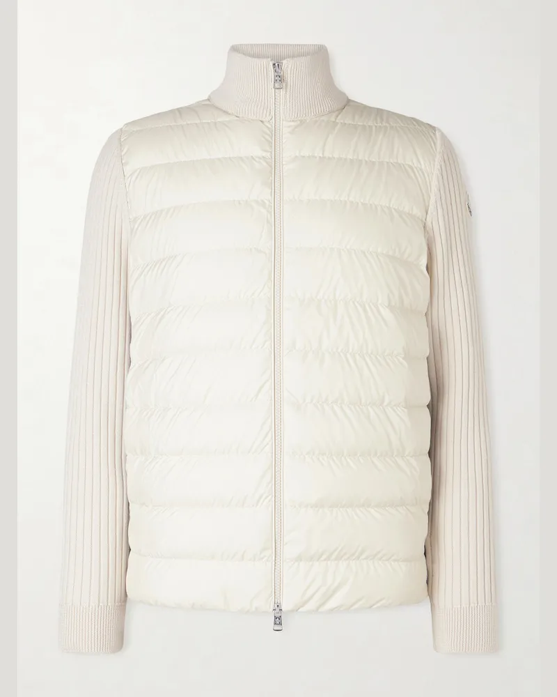 Moncler Shell-Trimmed Ribbed Wool Down Zip-Up Cardigan Neutrals