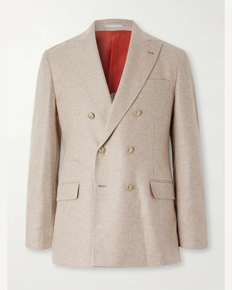 Brunello Cucinelli Double-Breasted Puppytooth Cashmere and Silk-Blend Suit Jacket Neutrals