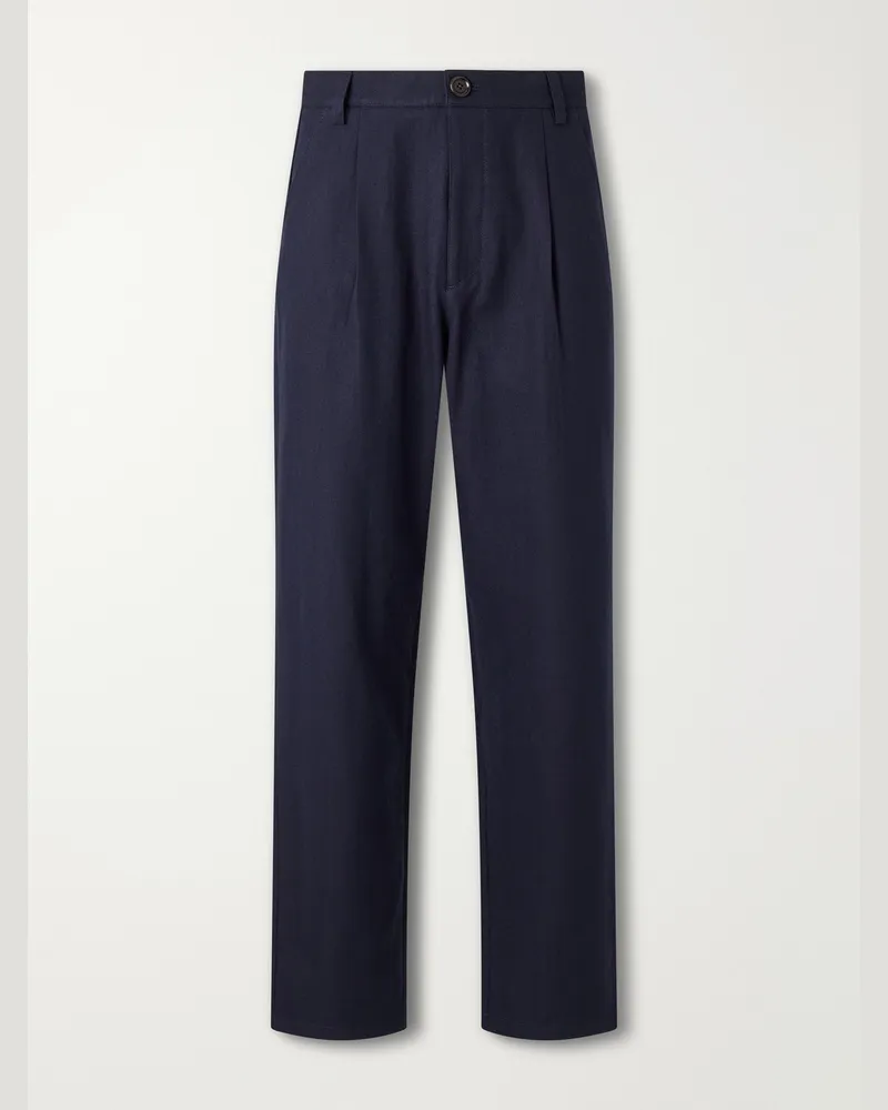 Oliver Spencer Morton Straight-Leg Pleated Cotton and Wool-Blend Suit Trousers Blue