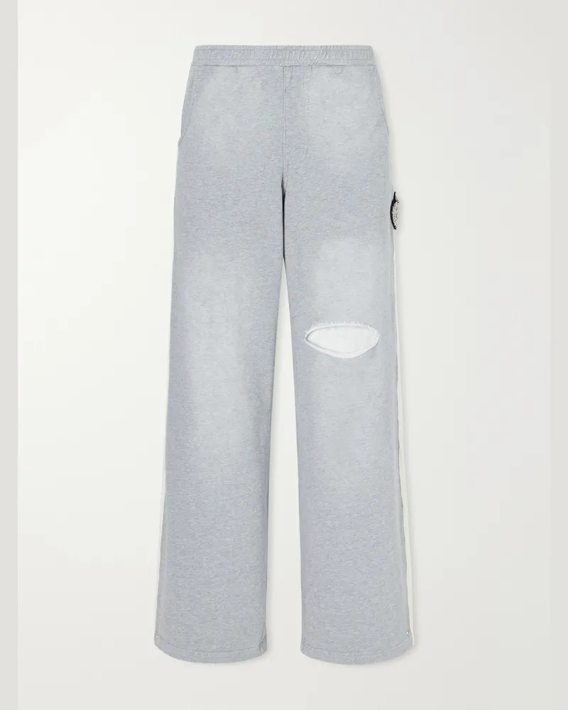 FourTwoFour on Fairfax Wide-Leg Distressed Cotton-Jersey Sweatpants Gray
