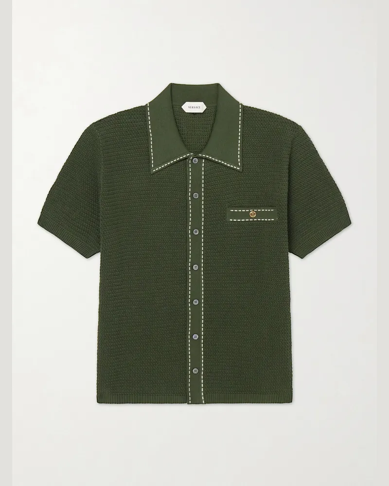 Versace Knitted Cotton Polo Shirt Green