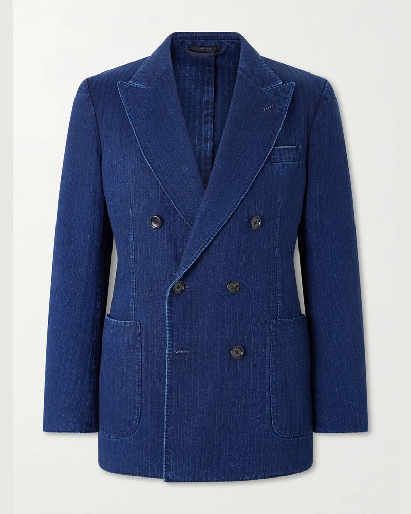 Tom Ford Double-Breasted Herringbone Denim Blazer Blue