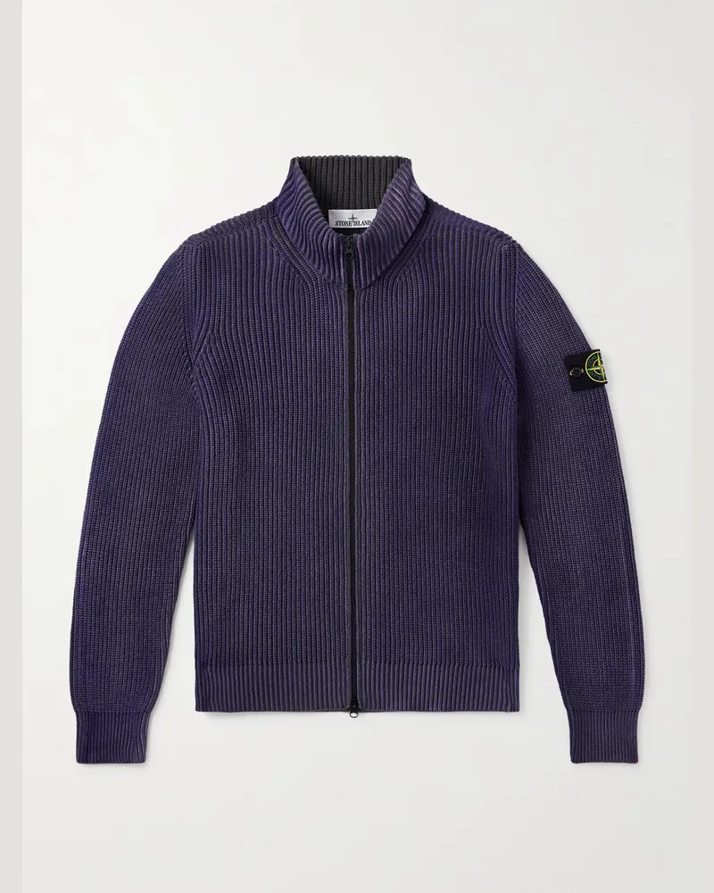 Stone Island Cardigan aus Biobaumwolle in Rippstrick mit Logoapplikation und Reißverschluss Lila