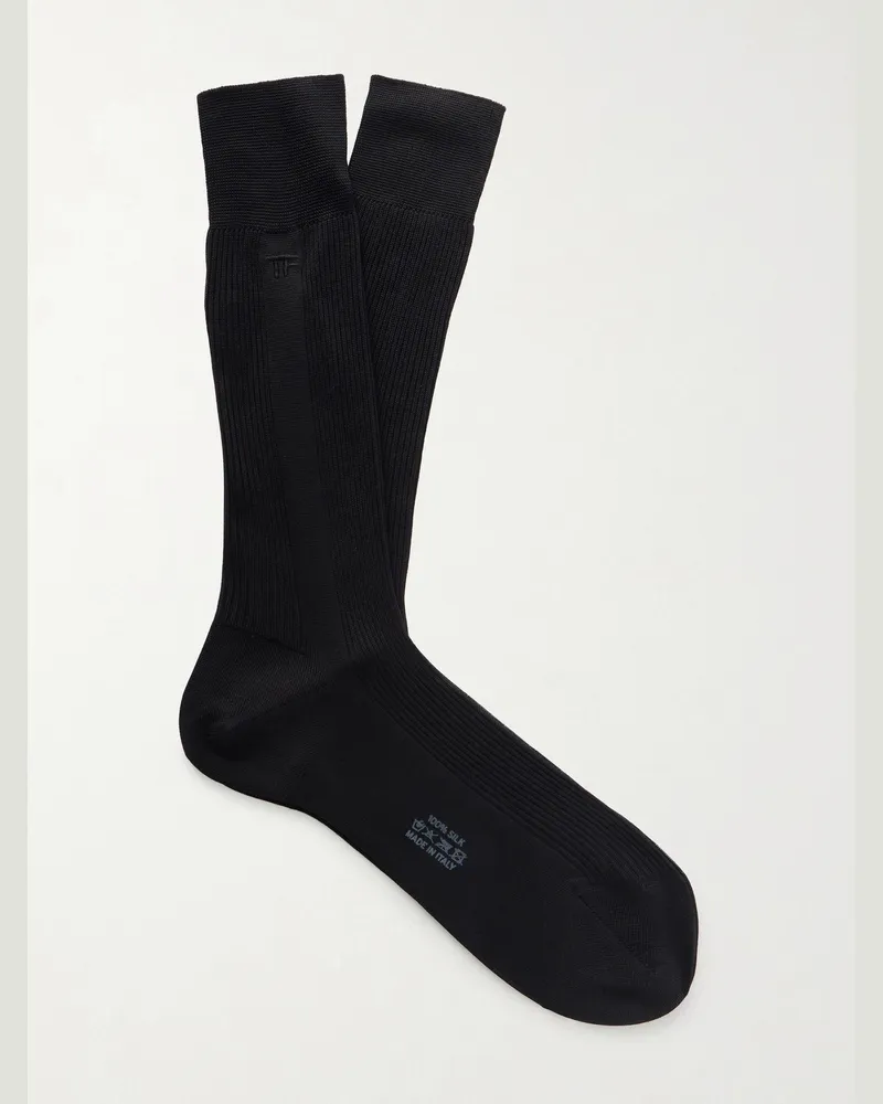 Tom Ford Socken aus Seide in Rippstrick mit Logostickerei Schwarz