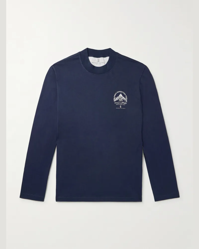 Brunello Cucinelli Schmal geschnittenes Oberteil aus Baumwoll-Jersey mit Logoprint Blau