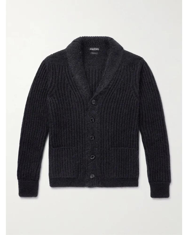 Tom Ford Cardigan aus einer Mischung aus Wolle, Seide und Mohair in Rippstrick mit Schalkragen Schwarz