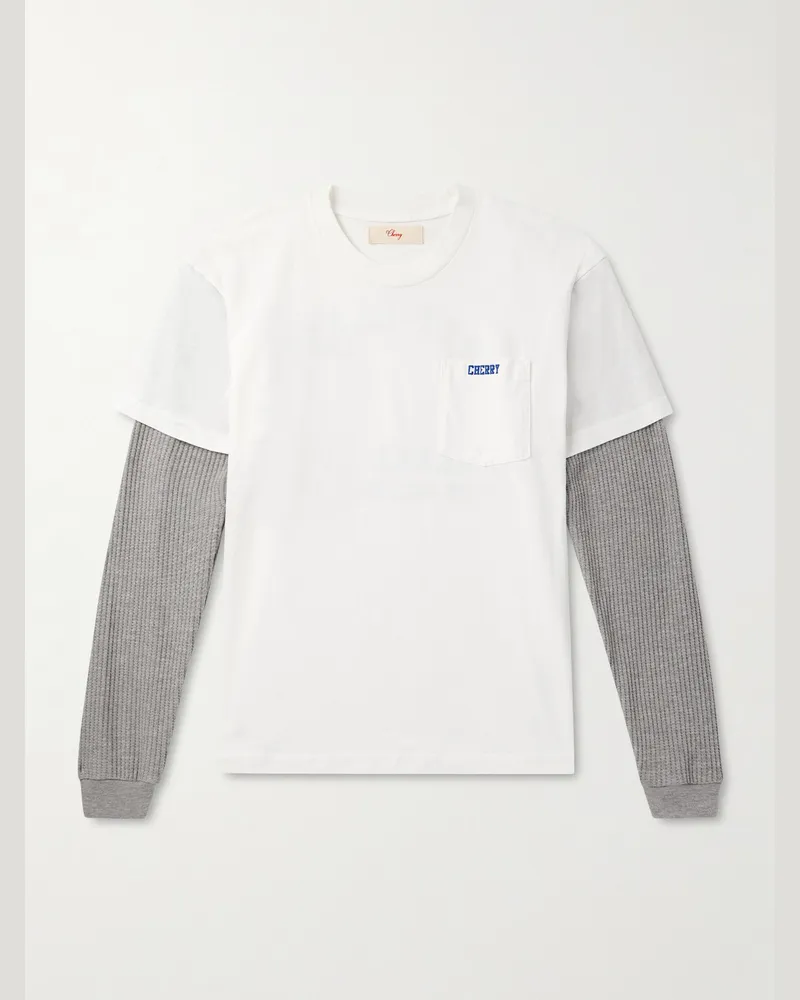 Cherry Los Angeles General Store Logo-Print Layered Waffle-Knit and Cotton-Jersey T-Shirt Gray