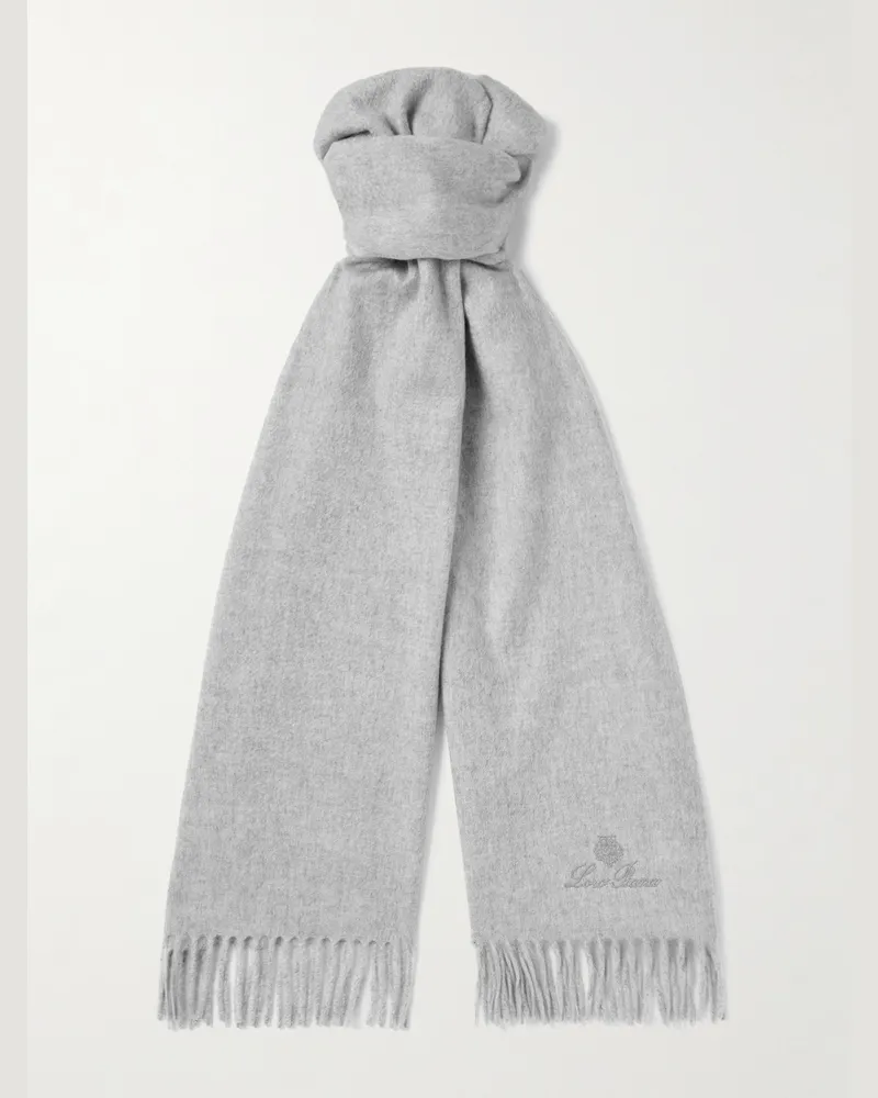 Loro Piana Schal aus Kaschmir mit Fransen und Logostickerei Grau