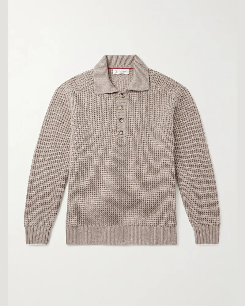Brunello Cucinelli Pullover aus Kaschmir in Waffelstrick mit Polokragen Neutral