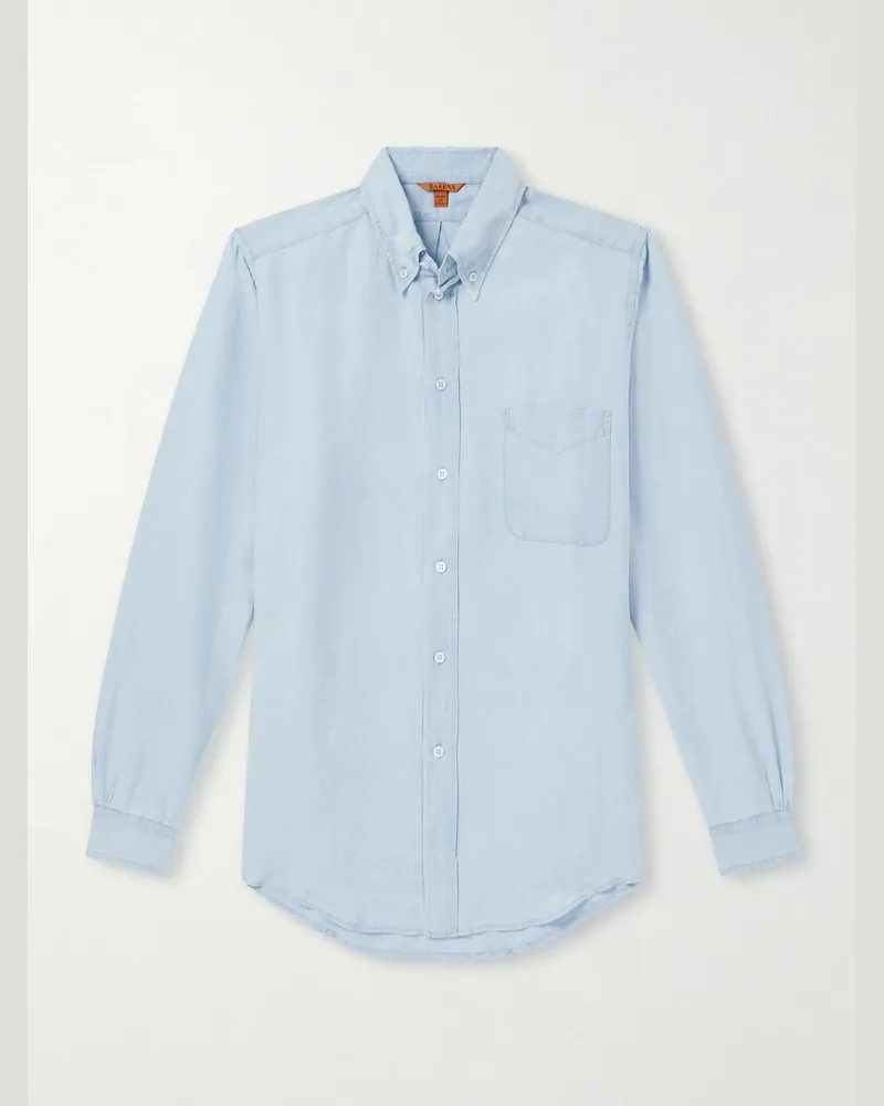 BARENA Hemd aus Chambray aus einer Leinen-Baumwollmischung mit Button-Down-Kragen Blau