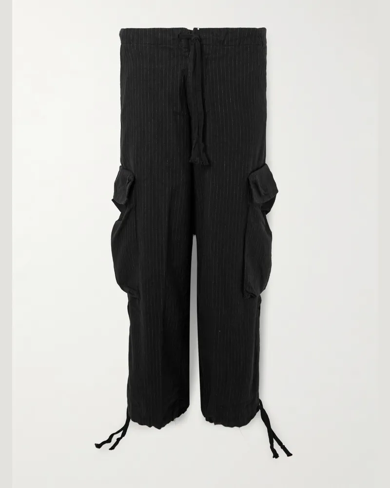 Greg Lauren Weit geschnittene Hose aus einer Baumwollmischung mit Nadelstreifen und Kordelzugbund Schwarz
