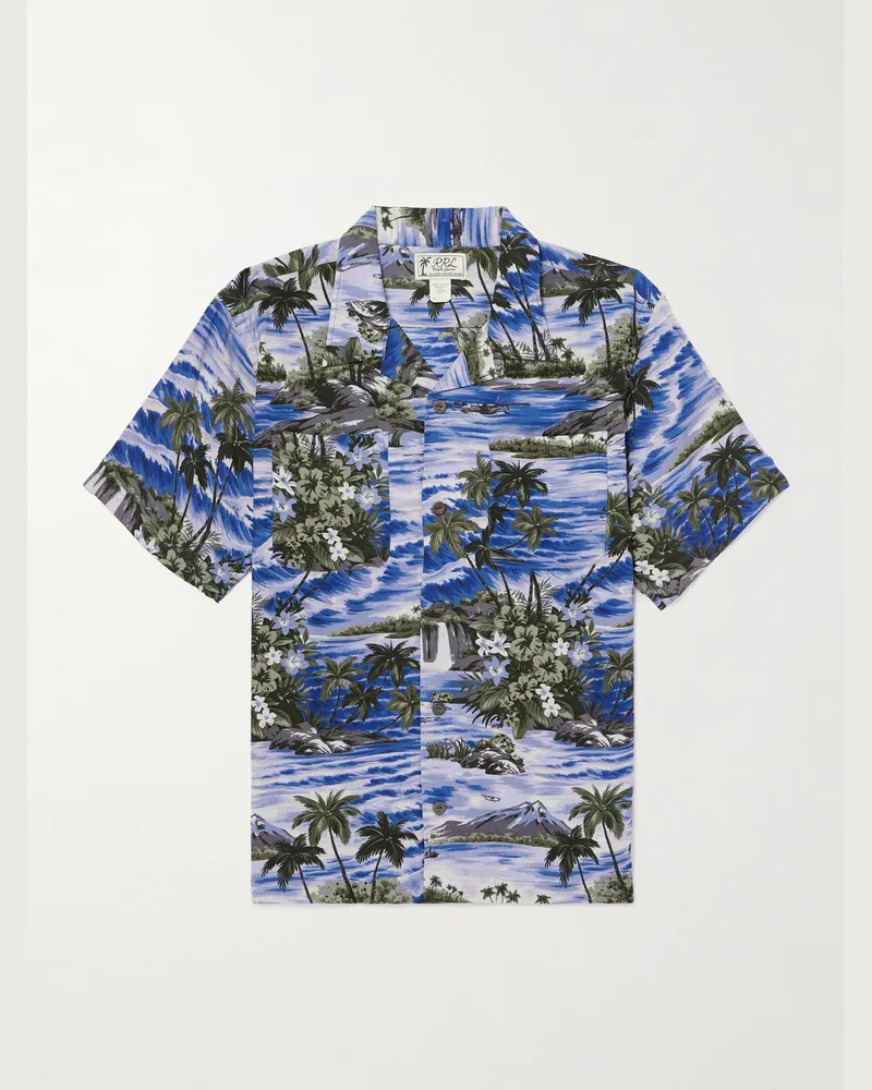RRL Camp-Collar Floral-Print Woven Shirt Blue