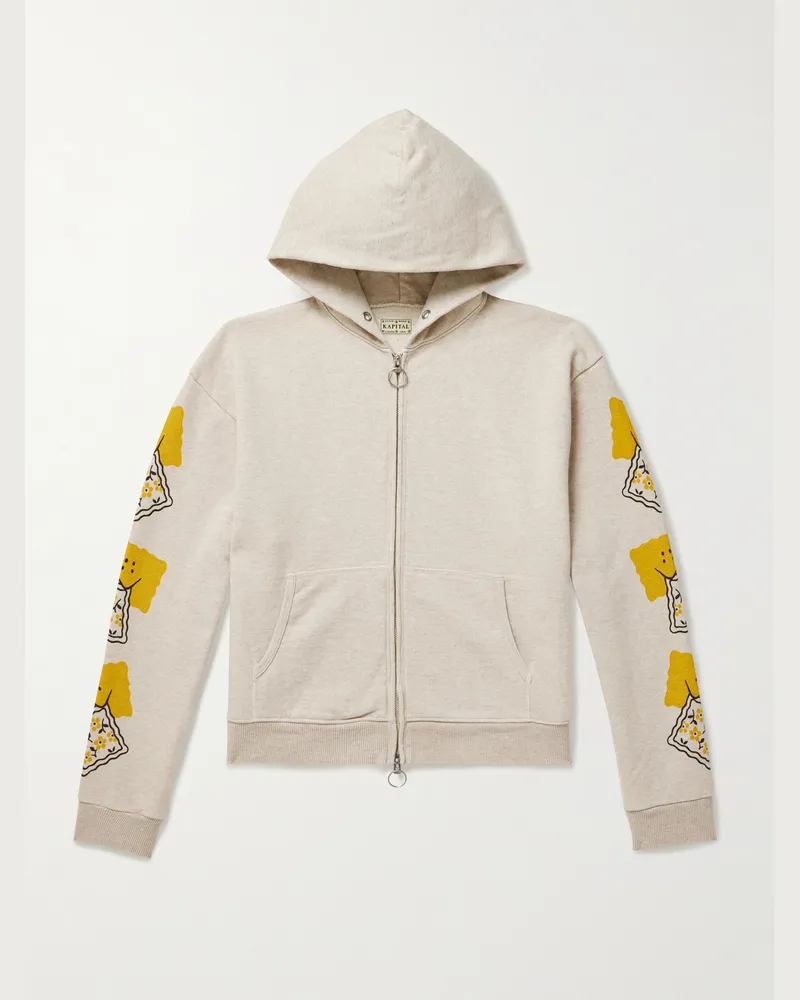 KAPITAL Printed Cotton-Jersey Zip-Up Hoodie Neutrals