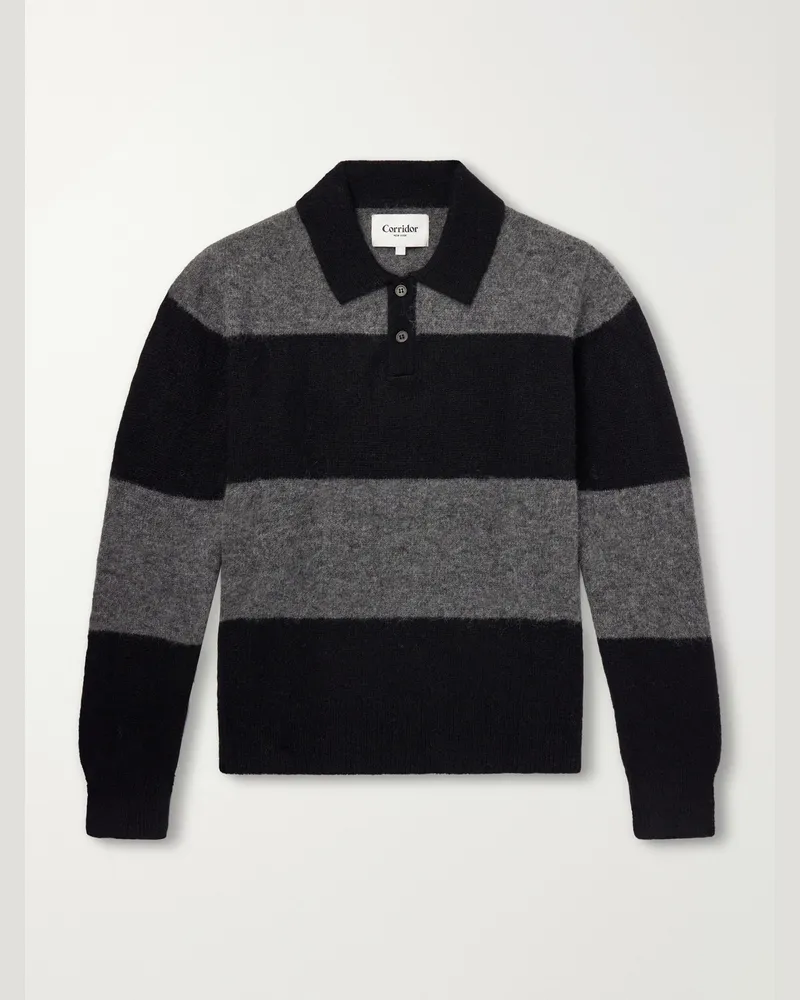 Corridor Striped Woven Brushed Alpaca-Blend Polo Sweater Black