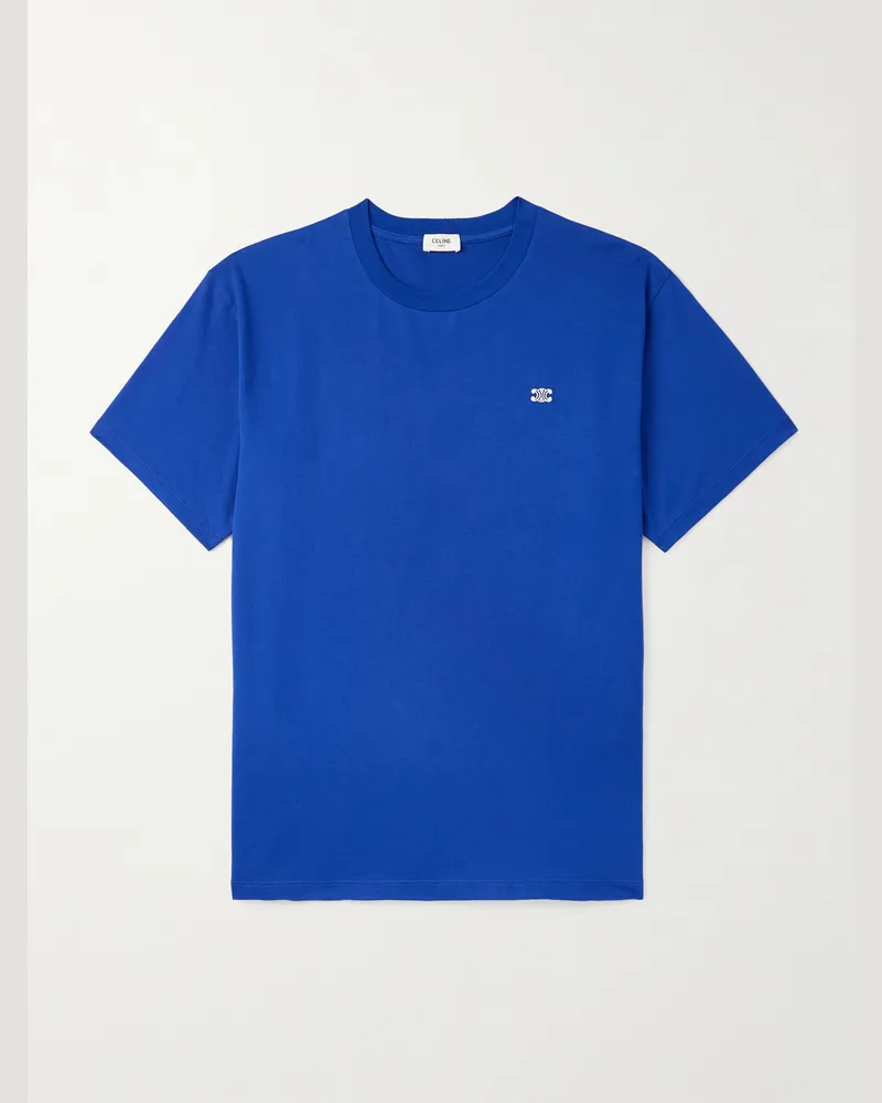Celine Triomphe T-Shirt aus Baumwoll-Jersey mit Logostickerei Blau
