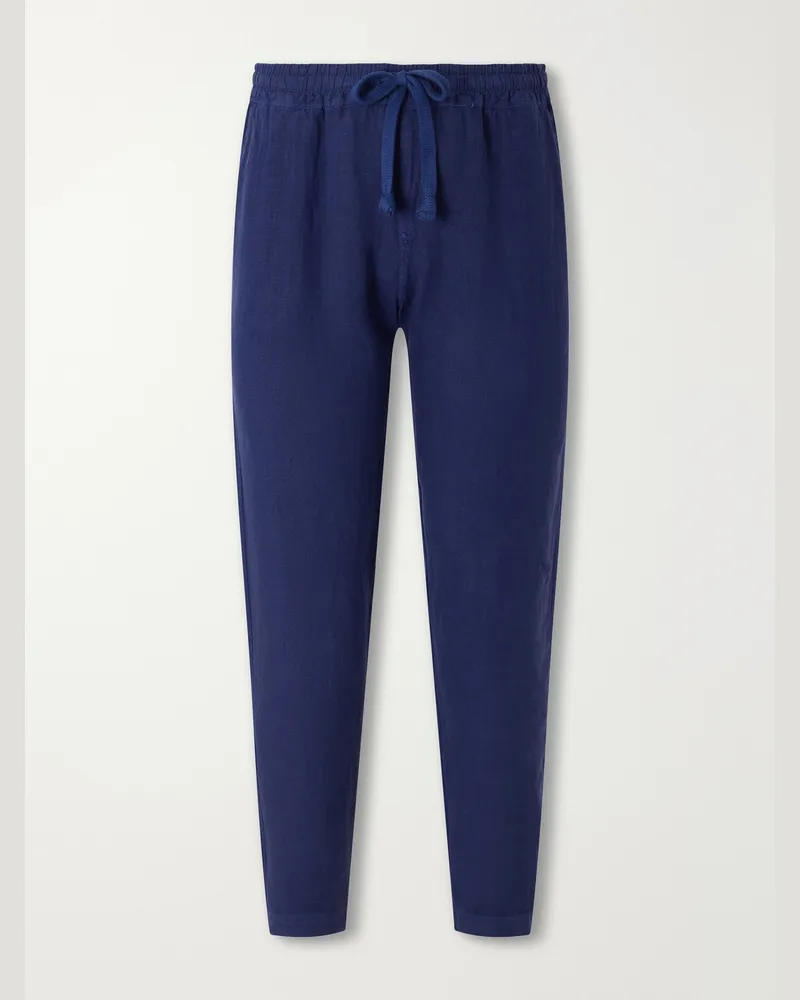 Fedeli Straight-Leg Linen Drawstring Trousers Blue