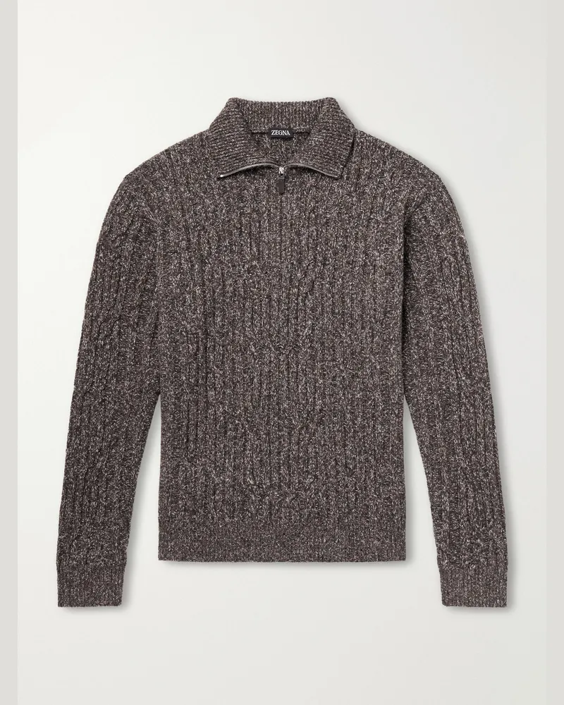 Ermenegildo Zegna Cable-Knit Wool and Cashmere-Blend Half-Zip Sweater Brown