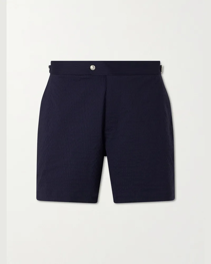 MR P. Straight-Leg Striped Seersucker Swim Shorts Blue