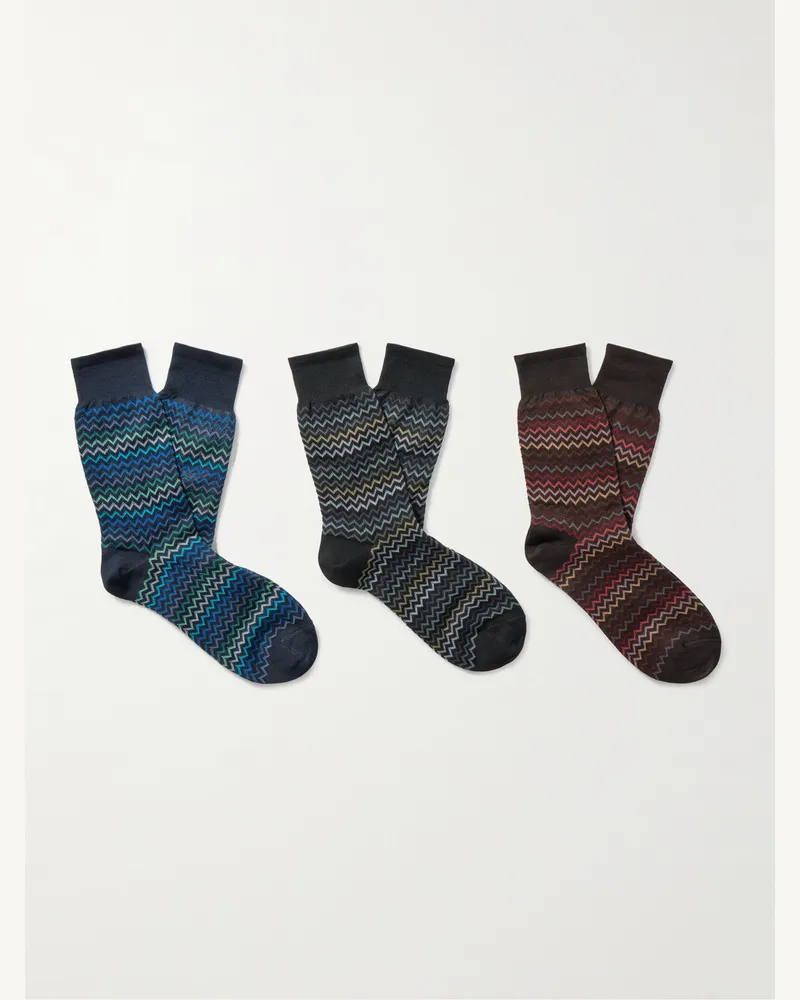 Missoni Set aus drei Paar gestreifter Socken aus Baumwolle in Häkelstrick Blau