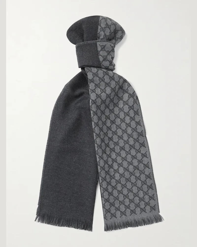 Gucci Alfie Frayed Logo-Jacquard Wool Scarf Gray