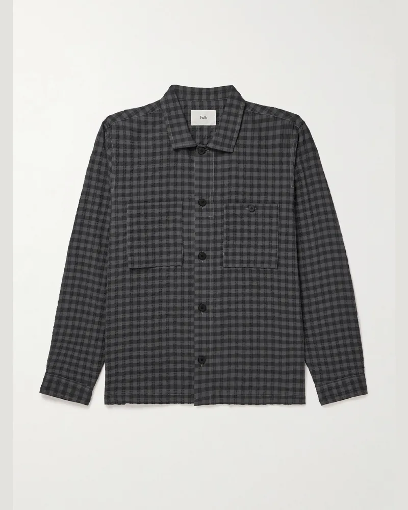 Folk Patch Hemdjacke aus kariertem Seersucker Blau