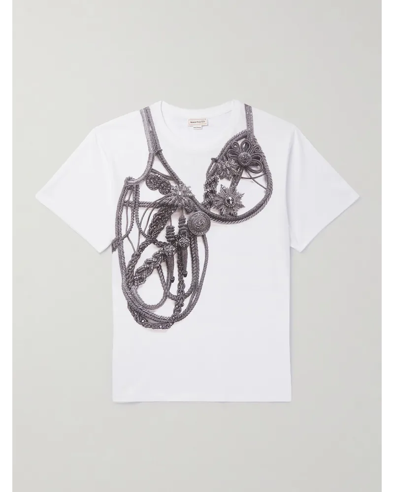 Alexander McQueen Schmal geschnittenes T-Shirt aus Baumwoll-Jersey mit Print Weiß