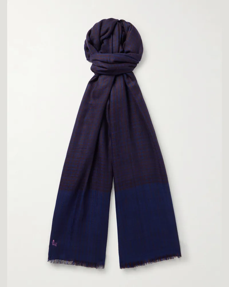 Anderson & Sheppard Camoshita Frayed Checked Cashmere Scarf Blue