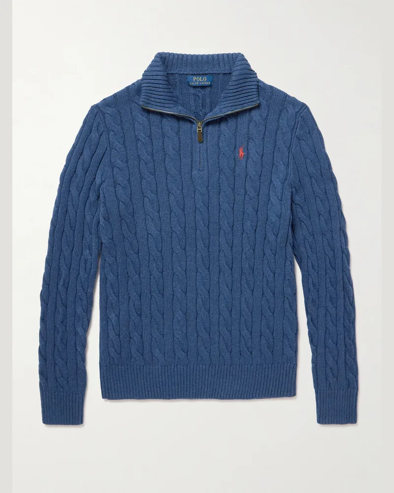 Ralph Lauren Logo-Embroidered Cable-Knit Cotton Half-Zip Sweater Blue