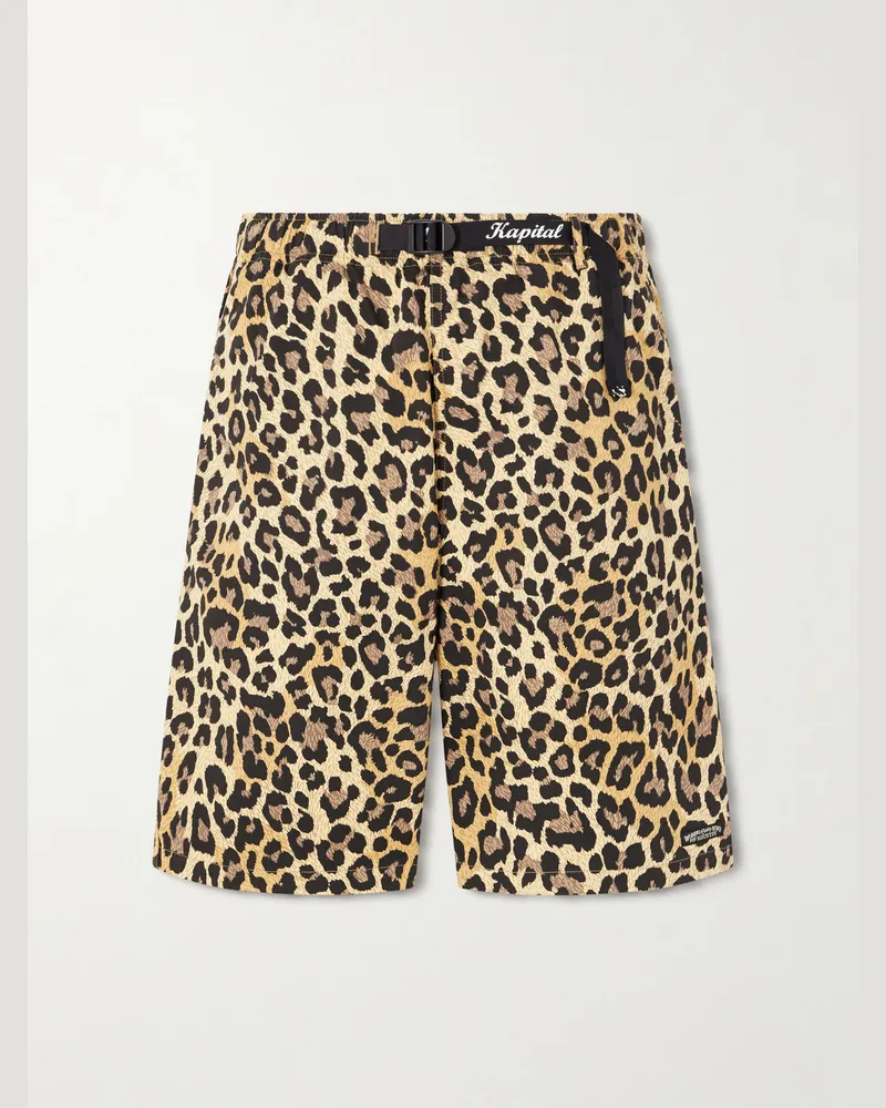 KAPITAL Wide-Leg Belted Leopard-Print Cotton-Twill Shorts Brown
