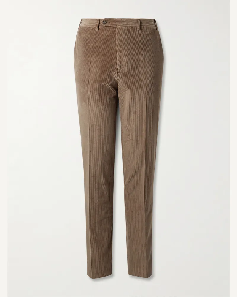 Canali Tapered Cotton-Blend Corduroy Trousers Brown