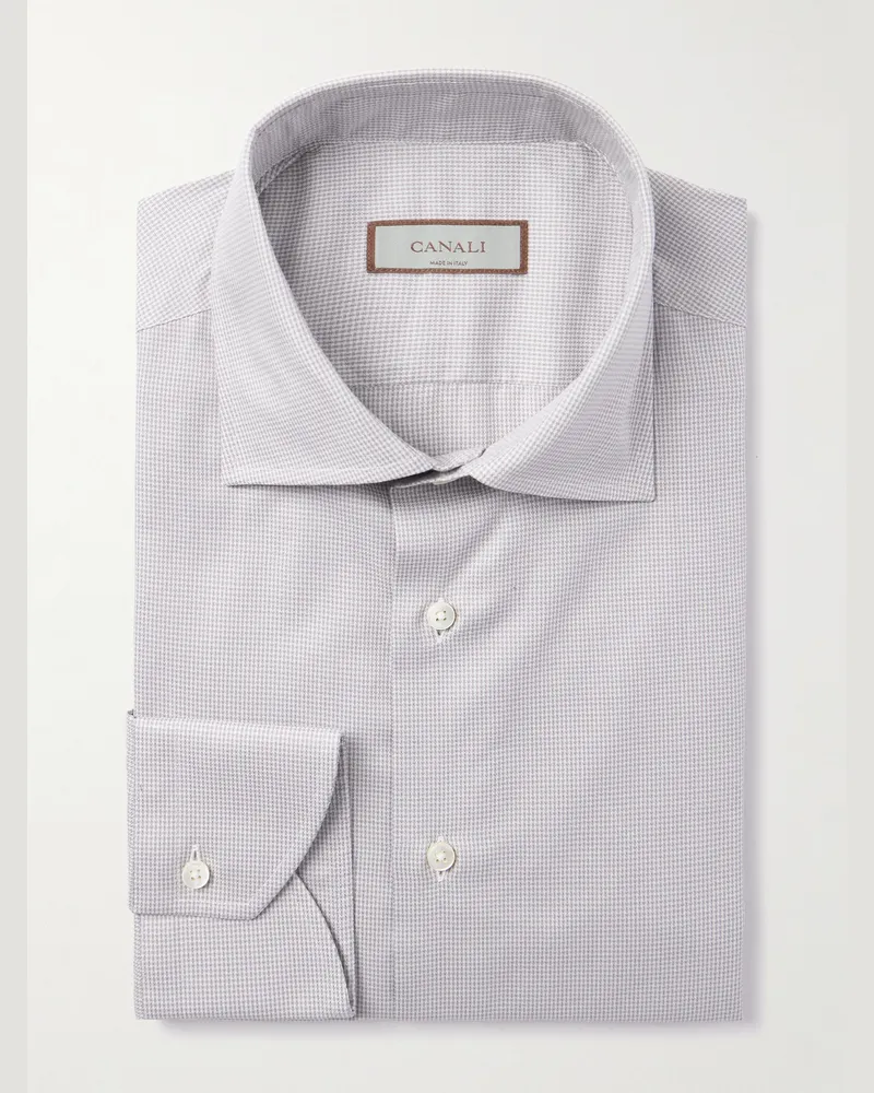 Canali Cutaway-Collar Houndstooth Cotton Shirt Brown