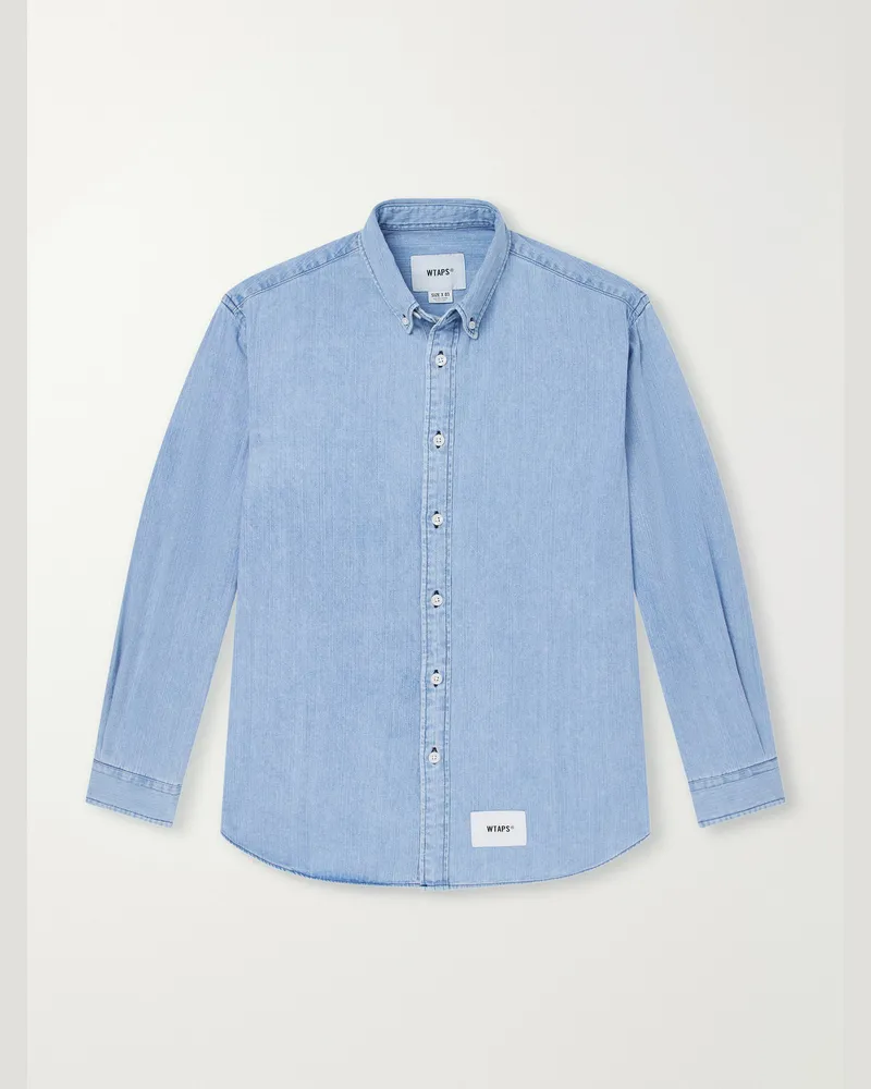 WTAPS BD 01 Logo-Appliquéd Stone-Bleach Denim Shirt Blue
