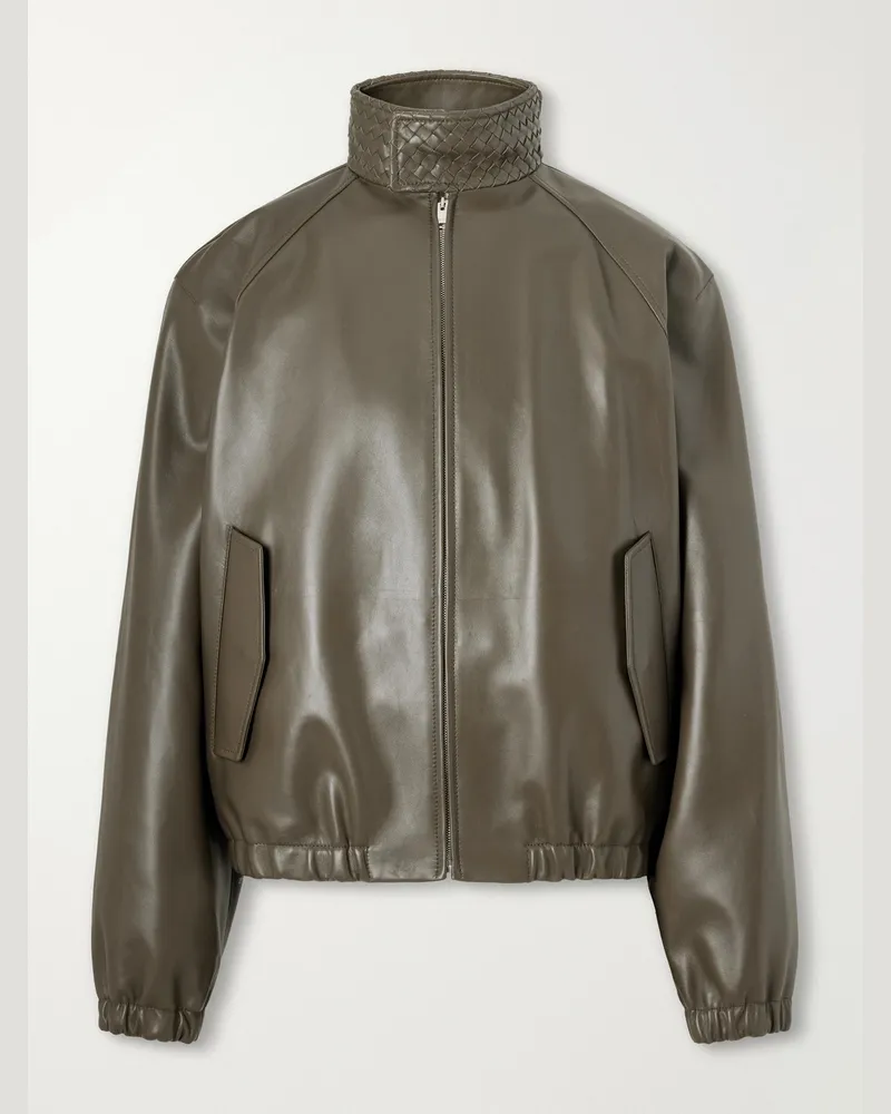 Bottega Veneta Intrecciato-Trimmed Leather Blouson Jacket Green