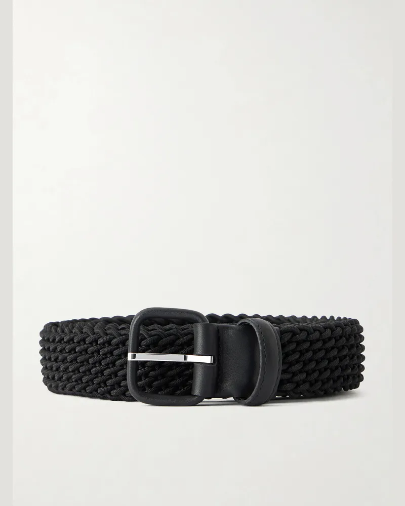 Charvet Leather-Trimmed Woven Belt Black