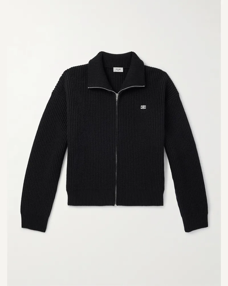 Celine Cardigan aus Wolle in Rippstrick mit Logostickerei und Reißverschluss Schwarz